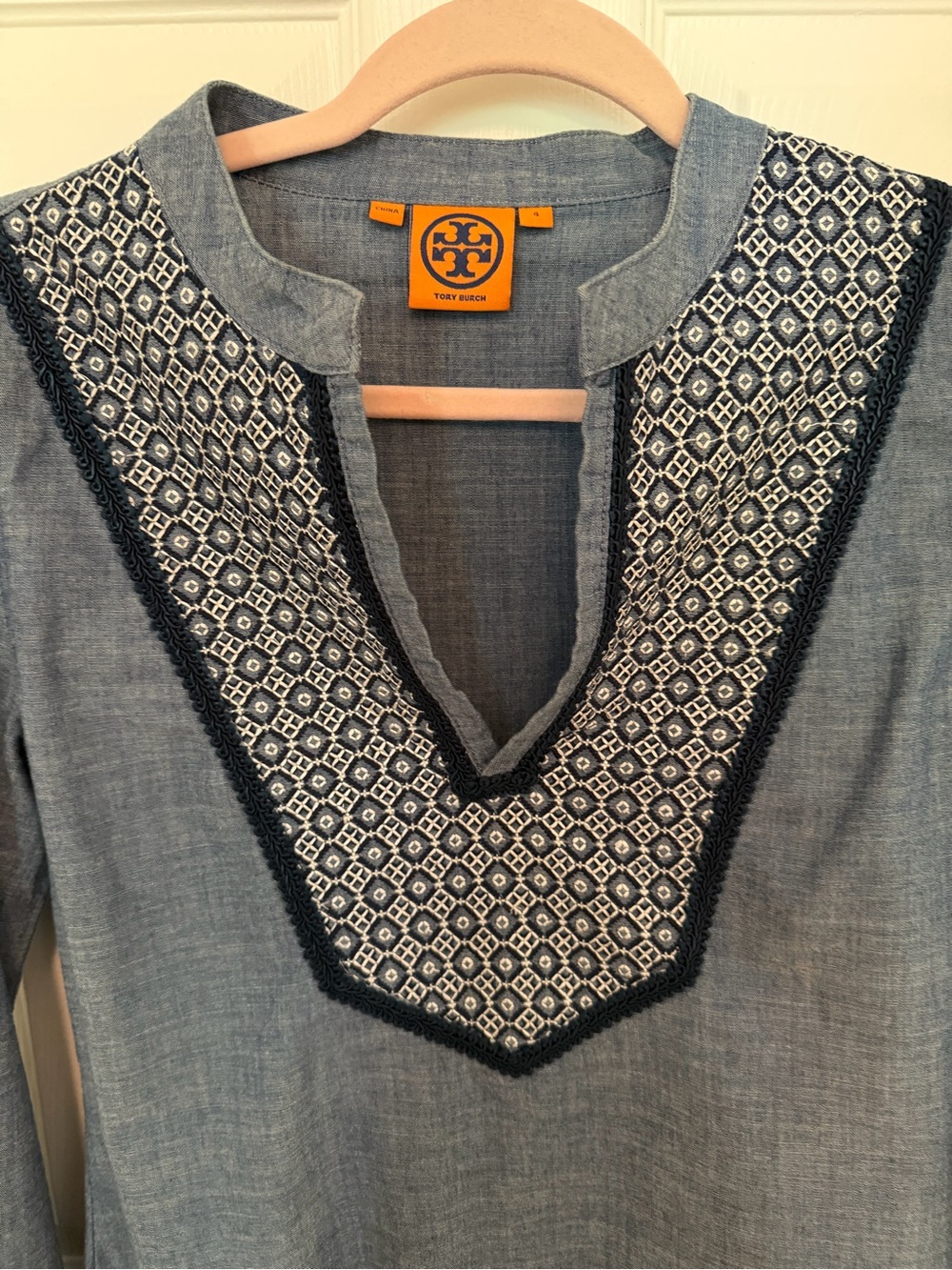 Tory Burch Navy and White Embroidered Chambray Tunic